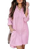 Aoudery Womens Button Down Shirt Dresses with Pockets Cotton Shirts Collared Tunics Long Sleeve High Low Blouse Tops-Pink S