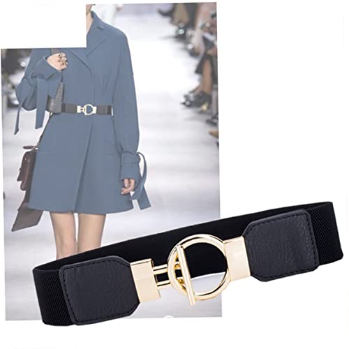 Wide Elastic Cinch Belt for Women Stretch Solid Waistband with Golden Round Pin Buckle Fashionable Decorative Waistband for Dresses Jeans Trousers and Casual Wear Black3