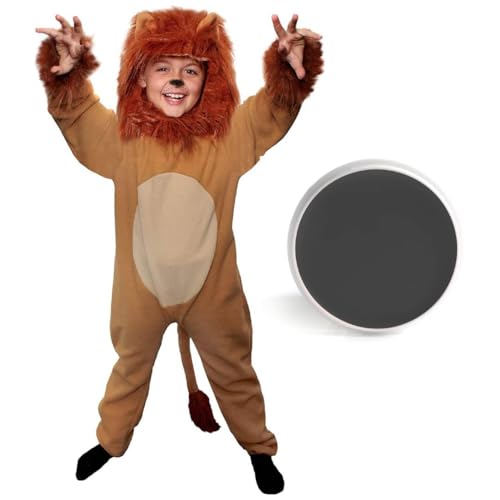 Childs Lion Costume - Large - Plush Brown Safari Animal Fancy Dress with Attached Tail Separate Maned Hood and Black Face Paint - Perfect Outfit for World Book Day & Halloween