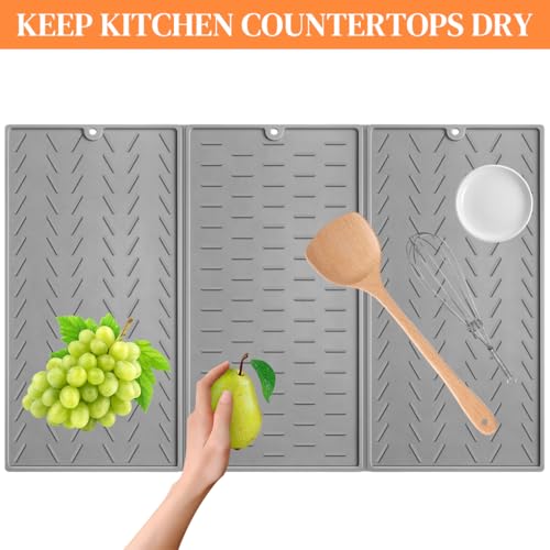 Image of Supvox Kitchen Dry Mat Triple Fold Silicone Utility Mat Grooved Surface Dry Mat Dishes Drain Mat Heat Resistant Countertop Protector Mat Anti-slip Silicone Table Mat with Hanging Hole, 24x16in