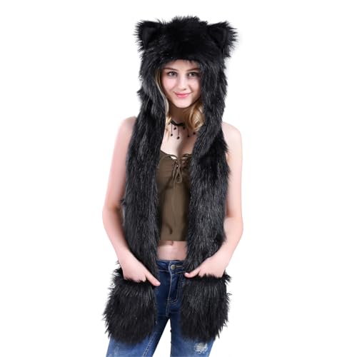JIAHG Women Girls Cozy Faux Fur Animal Hat Furry Hood Scarf Pockets Paws Mittens 3 in 1 Hat Warm Hoodie Earflaps Cap Combo