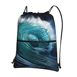 DIEzig Hermosa mochila con correa ajustable con estampado de olas del océano, bolsa plegable con cordón y cremallera para aventuras de fin de semana
