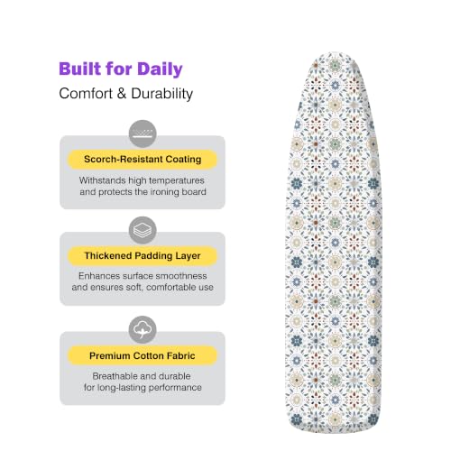 Image of Ironing Board Cover and Pad 15x54 Standard Size, Extra Thick Cotton Iron Board Cover with Padding, Silicone Coated and Scorch Resistant, Elastic Edge with Hook & Loop Strap, Heatproof Boho