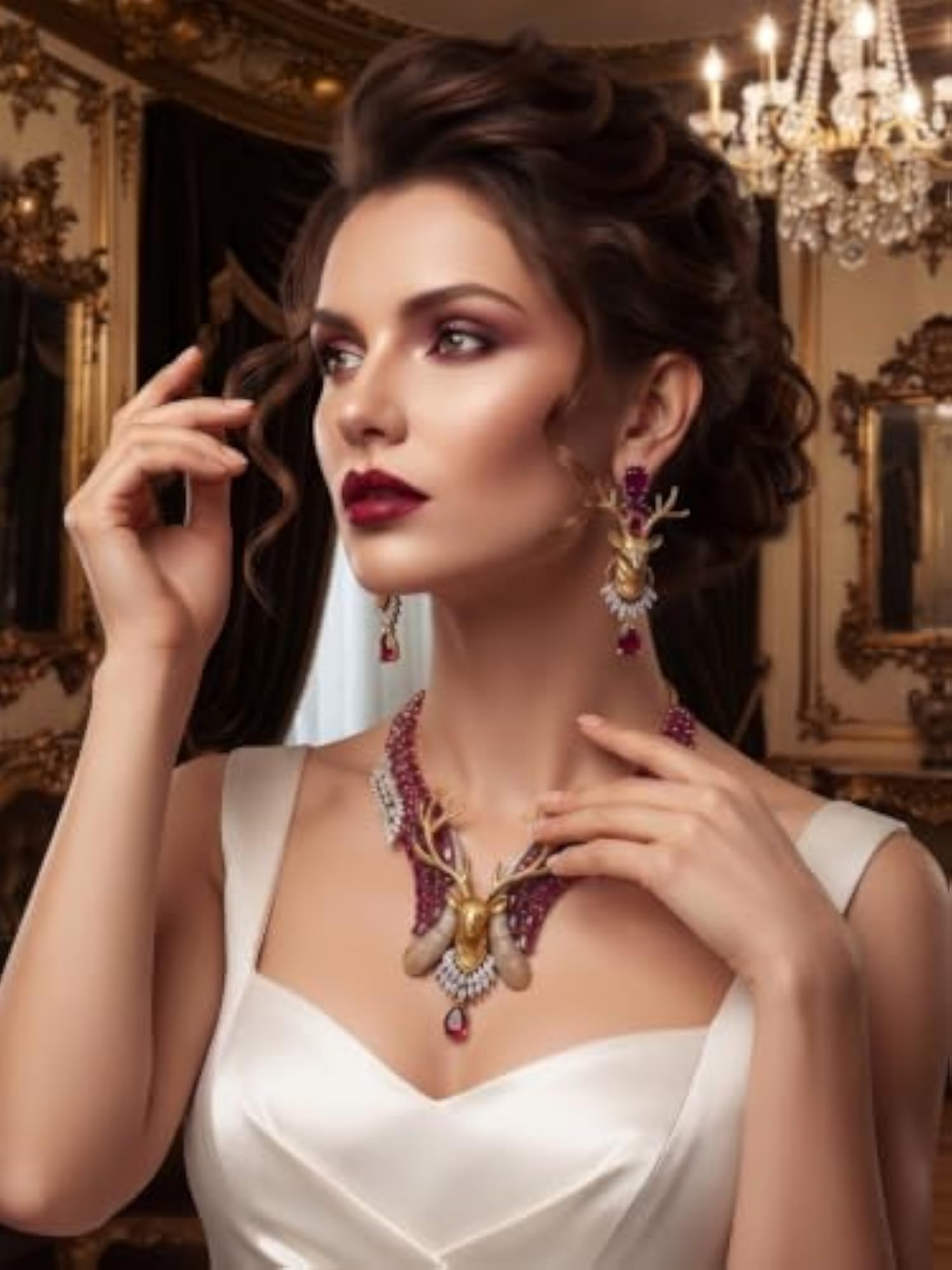 Women's Gold Plated Luxury Ruby CZ Necklace Set with Earrings