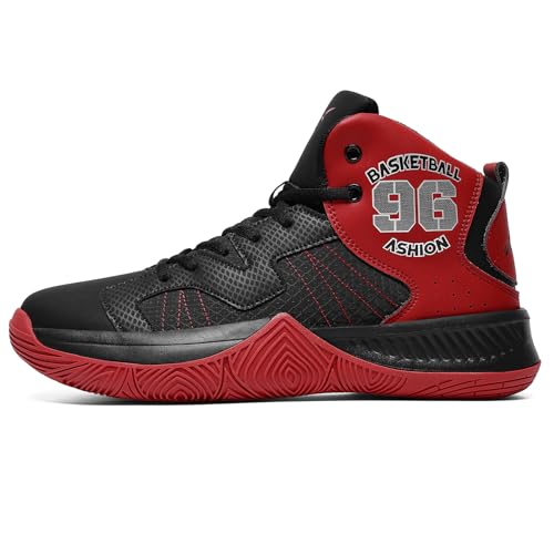 ASHION Mens Basketball Shoes High Top Streetball Lightweight Outdoor Sneakers Cushioning Shoes for Sport Athletic Black Red Size 9