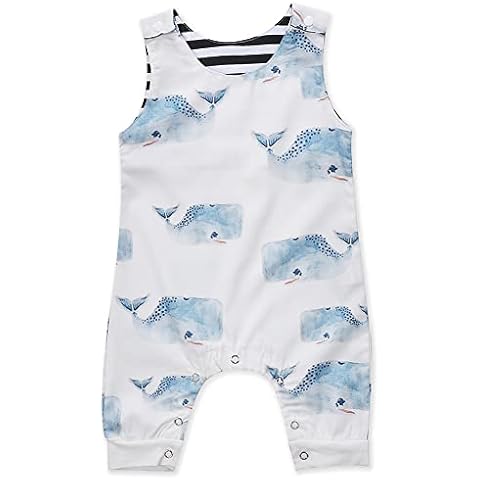 Pudcoco Toddler Baby Boy Girl Romper Summer Clothes Sleeveless Cartoon Animals Print Cropped Jumpsuit Bodysuit (12-18 Months,White Whales) Cover