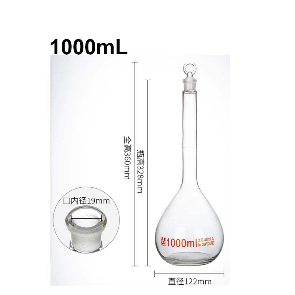 Matraz Volumétrico Vidrio Borosilicato Clase A Transparente con Tapón - Vidrio de Laboratorio G3.3 (5-2000ml) - Alta Precisión para Preparación & Dilución de Soluciones(1000ml)