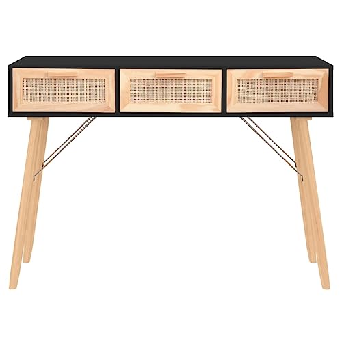 Mesa consola negra de madera de pino y ratán con 3 cajones de 105 cm 4