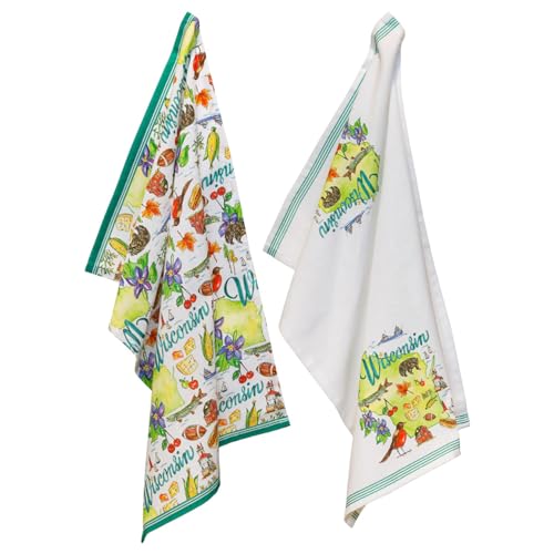 Boston International Tea Towels Rosanne Beck State Collection Set of 2 Soft & Absorbent Reusable Cotton Dish Cloths, 28" x 18", Wisconsin