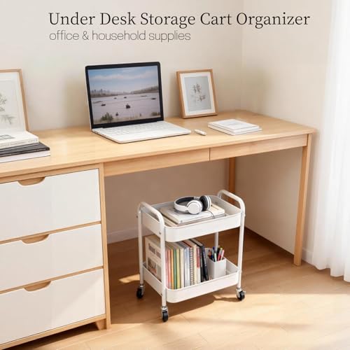 Image of Under Desk Storage Cart 2 Tier Utility Rolling Cart with Wheels, Small Metal Mobile Trolley with Handle Two Tiered Utility Organizer Roller for Kitchen Office Bathroom Pantry Room, White