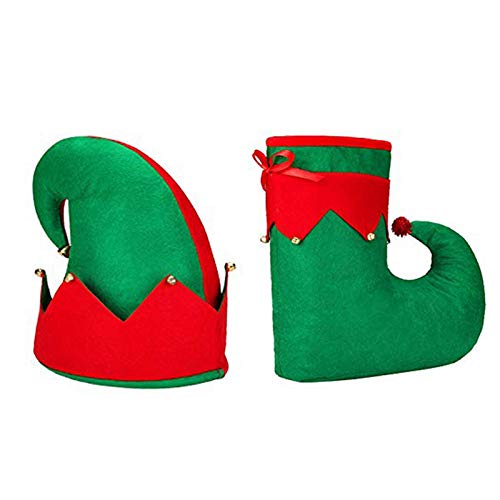 Yunt-11 Juego de Accesorios de Sombrero y Sombrero de Fieltro de Elfo de Navidad, Navidad, Fiesta de Navidad, Regalos, Regalos, Accesorios para decoración navideña o Regalo de Fiesta, Rojo y Verde