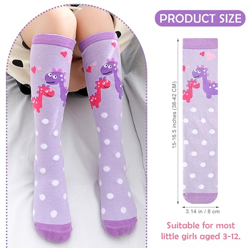 PHOGARY 6 Pairs Girls Knee High Socks, Cute Socks Colorful Cartoon Animal Warm Cotton Socks Crazy Funny Kids Odd Socks Mid Calf Long Boot Socks for 3-12 Years Girls, One Size (Dinosaur)4