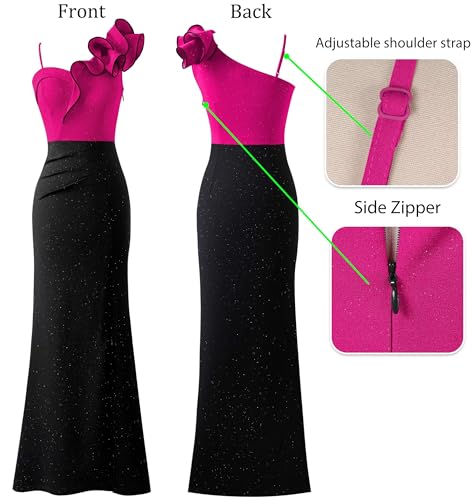 Image of VFSHOW Womens Ruffle One Shoulder Strap Ruched Formal Prom Wedding Maxi Dress V Neck Elegant Split Cocktail Evening Long Gown