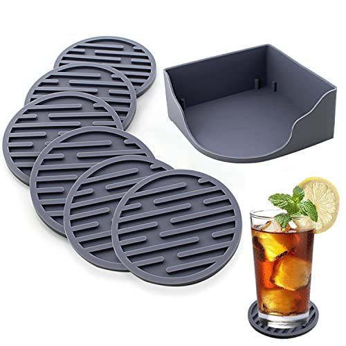 WUBAYI 6pcs Silicone Coasters, Drink Coasters with Holder, Thickened Drainable Suitable for Cold & Hot Drinks, Home, Bar