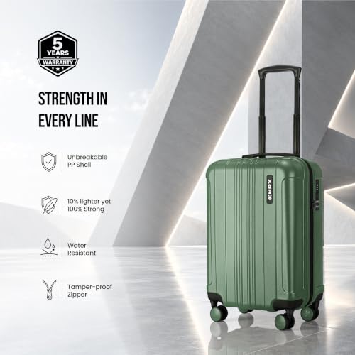 Image of HRX Force Cabin Size Dark Green Polycarbonate Hard Shell Suitcase - Premium Travel Trolley Bag with 8 Spinner Wheels, Number Lock & Water Resistant Body