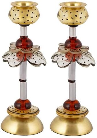 Yair Emanuel Pillar Shabbat Candle Holders - Brass and Resin Elegant Floral Boho Design - 8.3 Inch - Fits 0.75 Inch Candles Judaica Gift