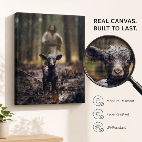 Image of GUN SUPPLIES OUTLET LLC Jesus and Lamb Canvas Wall Art Black Sheep Lost Picture Wall Art Canvas Print Christian Home Decor 12x16 inch