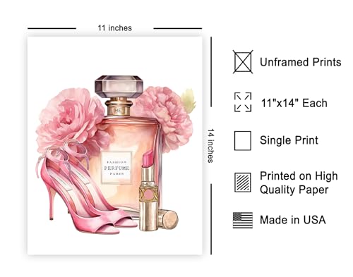 Image of Poster Master Pink Designer Print - Fashion Poster - Shoes, Lipstick & Perfume Art - Chic Gift for Women & Fashionista - Glam Decor for Bedroom or Girl's Room - 11x14 UNFRAMED Wall Art