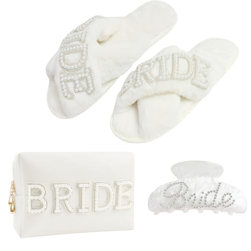 Bridal Shower Gifts, Bride to Be Letter Makeup Bag with Pearl Rhinestone Fuzzy Bride Slippers, Hair Clip Wedding Engagement Gifts for Her, Bachelorette gifts