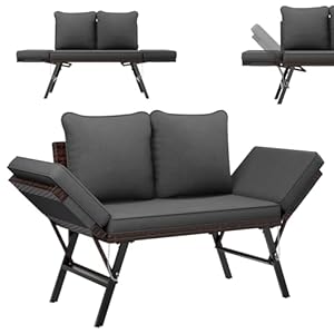 UDPATIO Polyrattan Gartenbank Wetterfest mit Liegefunktion Balkonsofa 3 in 1 Verstellfunktion mit Extra Dicke Sitzpolstern & Kissen für Garten, Balkon,Terrasse - Braun+Schwarz & Grau Bezüge