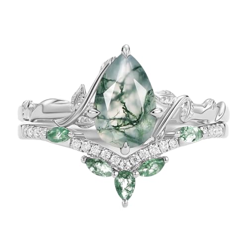 1.5 Carat Moss Agate Wedding Ring Set for Women - Pear Cut Moss Agate Bridal Sets Wedding Rings White Yellow Rose 10K 14K 18K Gold Vintage Leaf Anniversary Promise Ring Set for Her