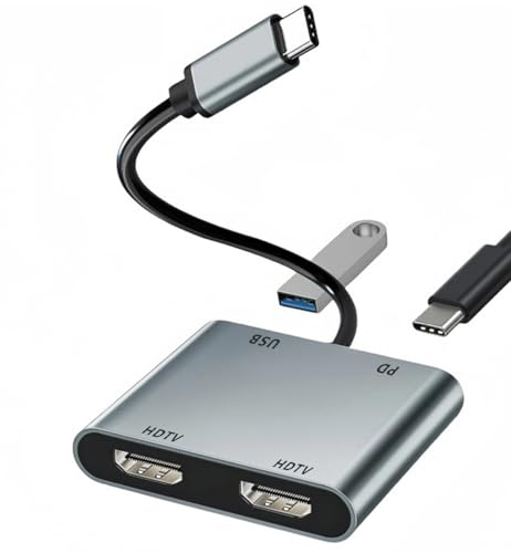 Snlrntin USB C to Dual HDMI Adapter 4K, 4 in 1 USB-C Hub Multiport Adapter with 2 HDMI/USB-A 3.0/ 100W Charging, Compatible with MacBook Pro/Air, iPhone 16 15, etc, Supports Dual Extended Displays