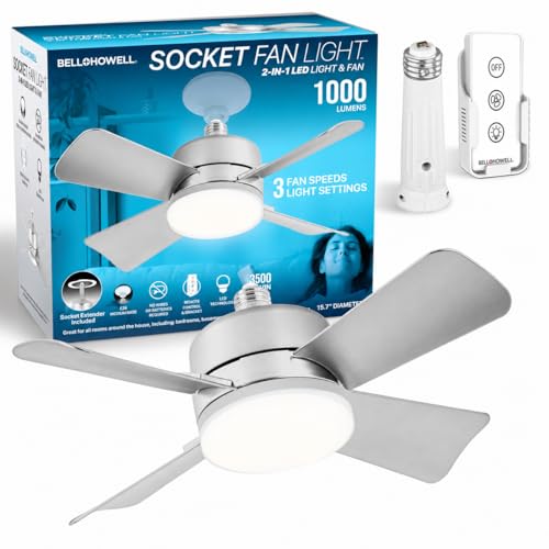 Image of Bell+Howell Socket Breeze 15.4 inch Socket Fan Light - Portable Low Profile Ceiling Fans with Lights and Remote Control For Bedroom, Kitchen, Living Room - Silver, Warm Light