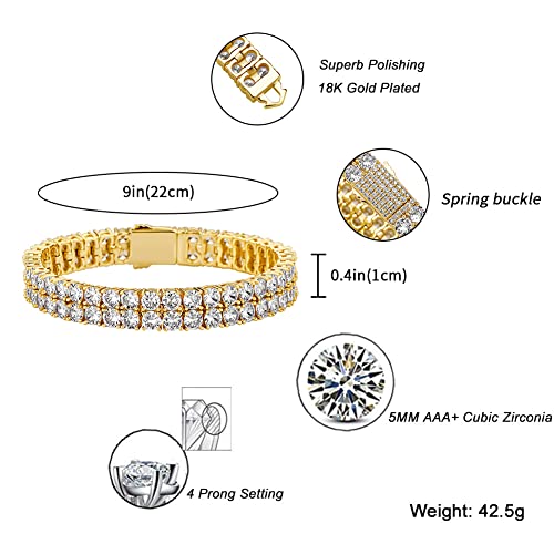 JINAO 2 Row Tennis Bracelet Iced Out Bling Cubic Zirconia Lab Simulated Diamond Bracelet14K Gold Plated Wrist Chain Hip Hop Jewelry for Men Women2