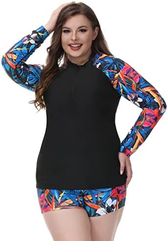 Hanna Nikole Women's Plus Size 2 Piece Rash Guard Zipper Long Sleeve Swimsuit Shirt with Bottom UPF 50+