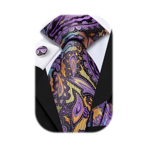 Image of Hi-Tie Men Ties Sets Silk Stripe Paisley Necktie Pocket Square Cufflinks for Business Wedding