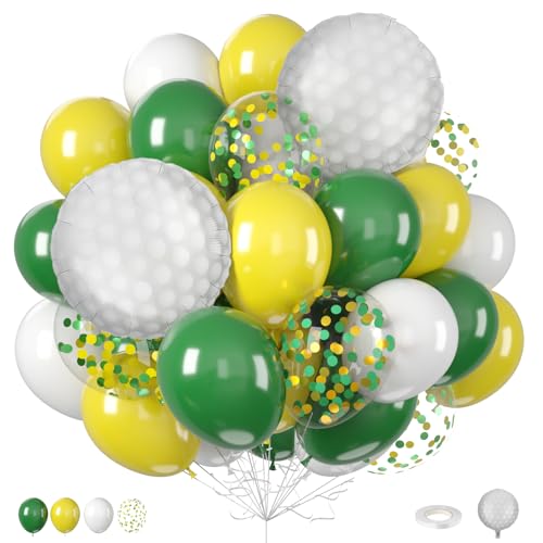 Golf Balloons 12 Inch Green and Yellow Balloons with 18 Inch Golf Ball Foil Balloon White Yellow Green Confetti Latex Balloon for Men Boys Baby Shower Sport Game Theme Birthday Party Decorations