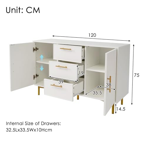 Nasery Sideboard Cabinet for Living Room, Chest of Drawers with with 2 doors and 3 drawers, Adjustable shelf,Organiser Unit for Bedroom,Living Room, White, 40D x 120W x 75H CM - Image 2