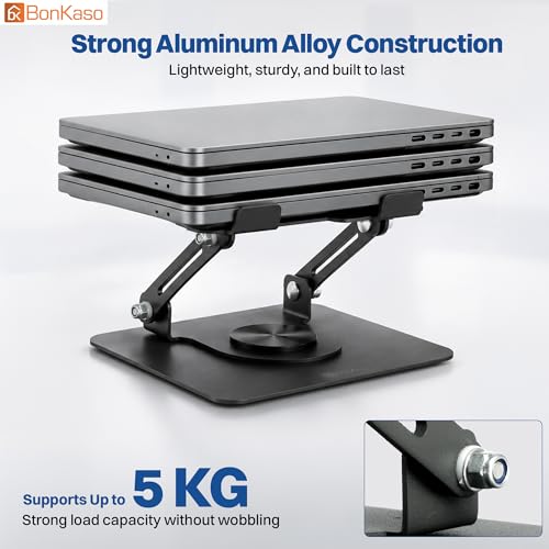 Image of BonKaso 360 Rotating Metal Laptop Stand, Height & Angle Adjustable, Foldable Design, Carbon Steel Build, Ventilated Cooling, Supports Up to 5kg, Compatible with Laptops & MacBook (Up to 17.3 inch) - Grey
