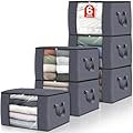 Fab totes 6 Pack Clothes Storage, Foldable Thick Fabric Blanket Storage Bags, Containers for Organizing Bedroom, Closet, Clothing, Comforter,Closet Organization with Handle,Grey