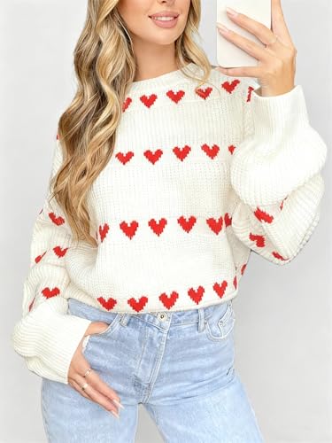 Image of Women Heart Print Sweaters Crewneck Loose Fit Knit Pullover Casual Sweater Tops