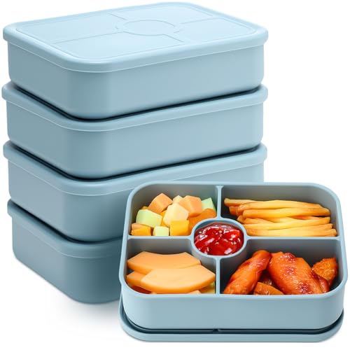 Jingmore 4 Pack Silicone Bento Box, 5 Compartment, Blue