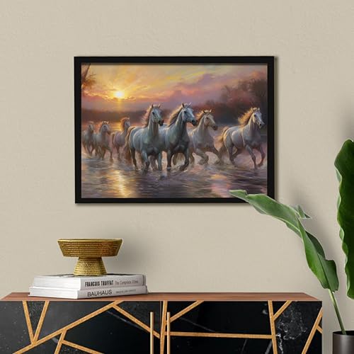 Image of 7 Running Horses Vastu Framed Wall Art Painting for Living Room |Seven Running Horses Painting With Frame Symbol of Success & Positive Energy Wall Art For Home and Office 17x23 Inch