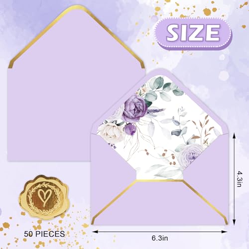 FYSUIMU Envelope floral roxo 50 peças aquarela lavanda flor convite envelope com adesivo V-Flap port