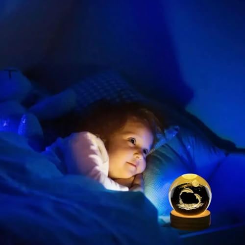 Image of Desidiya 3D Crystal Ball Night Light Lamp with Dolphin Design Night LED Lamp with Wooden Base for Kids Room, Bedroom Home Decor, Office, Birthday Gift Decorations for Men, Women, Diwali Gift