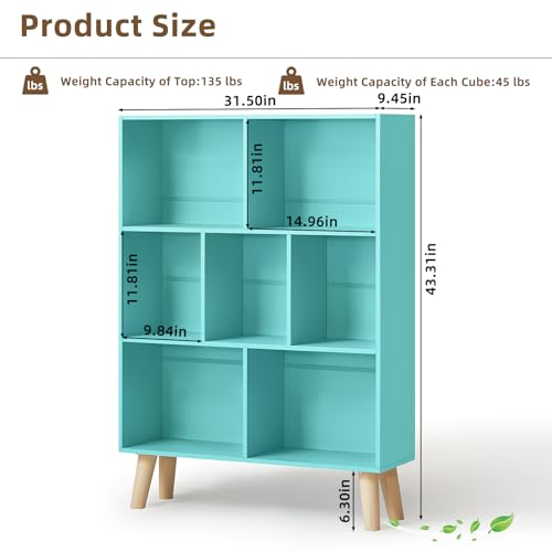 LEYAOYAO 7 Cube Bookshelf 3-Tier Bookcase with Legs, Mint-Green Kids Book Shelf Cute Storage Organizer, Toy Shelves Bookshelves,Wood Display Bookcases