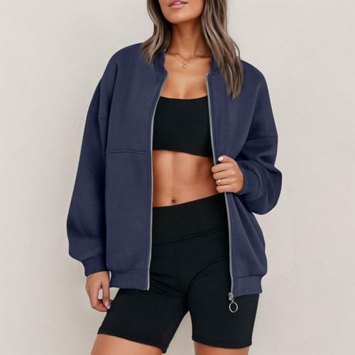 Oversized Zip Up Sweatshirt Women Fleece Bomber Zip Up Jacket Casual Teen Girls Athletic Sweat Jackets with Pockets3