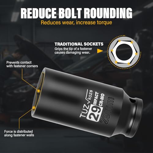 Image of 1 /2 Inch Drive 29mm Deep Metric Impact Socket,CR-MO,6 Point Radius Corner Design,Square Chamfered Opening,Axle Nut Impact Grade Socket for Easy Removal