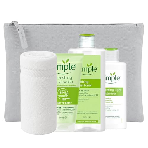 Skincare Set Gift Bundle with Skincare Set - Refreshing Facial Wash 150ml Soothing Facial Toner 200ml Hydrating Light Moisturiser 125ml Cotton Face Cloth & Cosmetic Bag