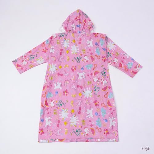 Image of Haus and Kinder Kids Raincoat with Hood - 1 Waterproof, Pink, Age 6-10, with Pockets (Puddlecorn Series)
