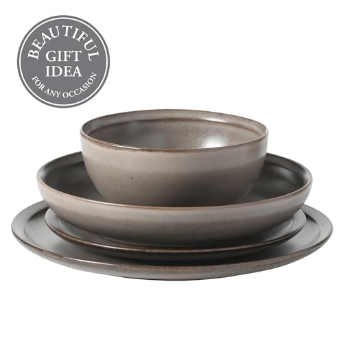 Image of Gibson Elite Beckett Stoneware Matte Reactive Glaze 16 Piece (Service for 4) Plates and Bowls Dinnerware Set - Grey