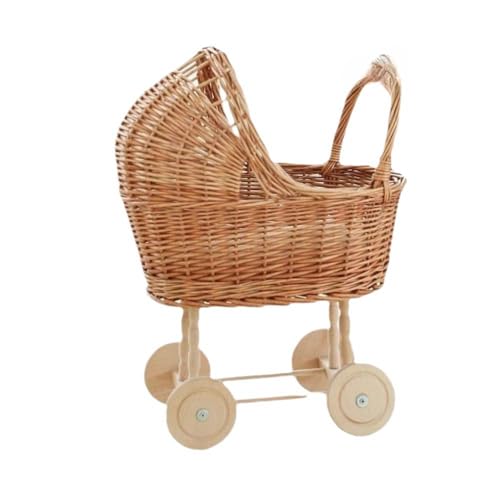 ベビーカー、手押し車、ベビーカー、天然籐おもちゃ、子供用遊び籐レトロおもちゃ、男の子と女の子への屋内誕生日プレゼント。 (木の色)