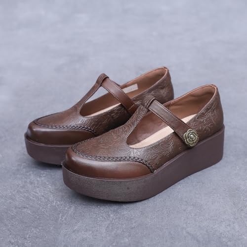 Women's Genuine Leather T-Strap Platform Mary Janes Retro Round Toe Comfortable Wedge Pumps with Adjustable Hook and Loop Classic Business Casual Dress Shoes2