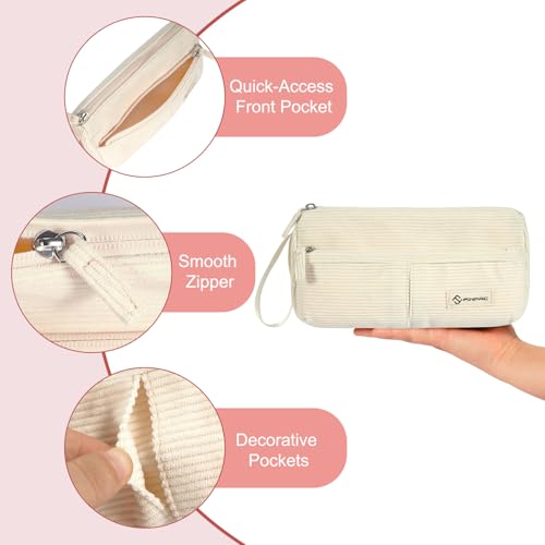 Image of FINPAC Pencil Case, Corduroy Triangle Makeup Bag, Kawaii Pen Bag Pouch Holder Box Organize for Study, Office, or Travel, Beige