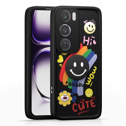 Image of Pikkme Back Cover for Oppo Reno 12 Pro 5G | Soft Silicone| Cute Rainbow Smile & 3D Cartoon Flower Design | Shockproof Raised Camera Protection Bumper Case (Black)