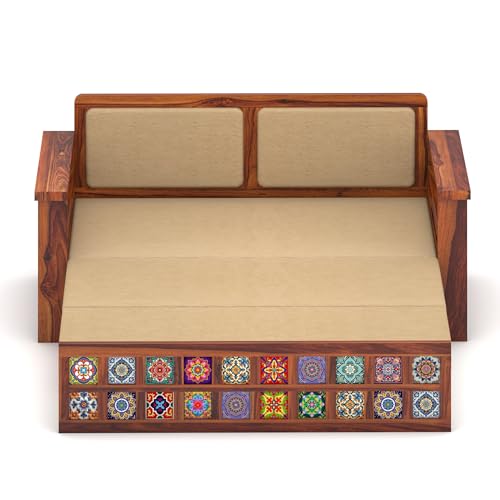 Image of Solid Sheesham Wood Sofa Cums Bed with Cushioned Seating & Handcrafted Tile Storage Front | Rosewood Convertible Sofa Bed for Living Room & Bedroom (Honey)
